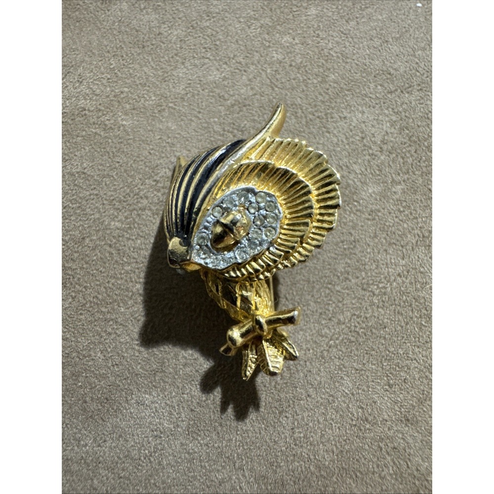Jomaz Owl Bird Gold Plated Black Enamel Rhinestone Brooch Pin